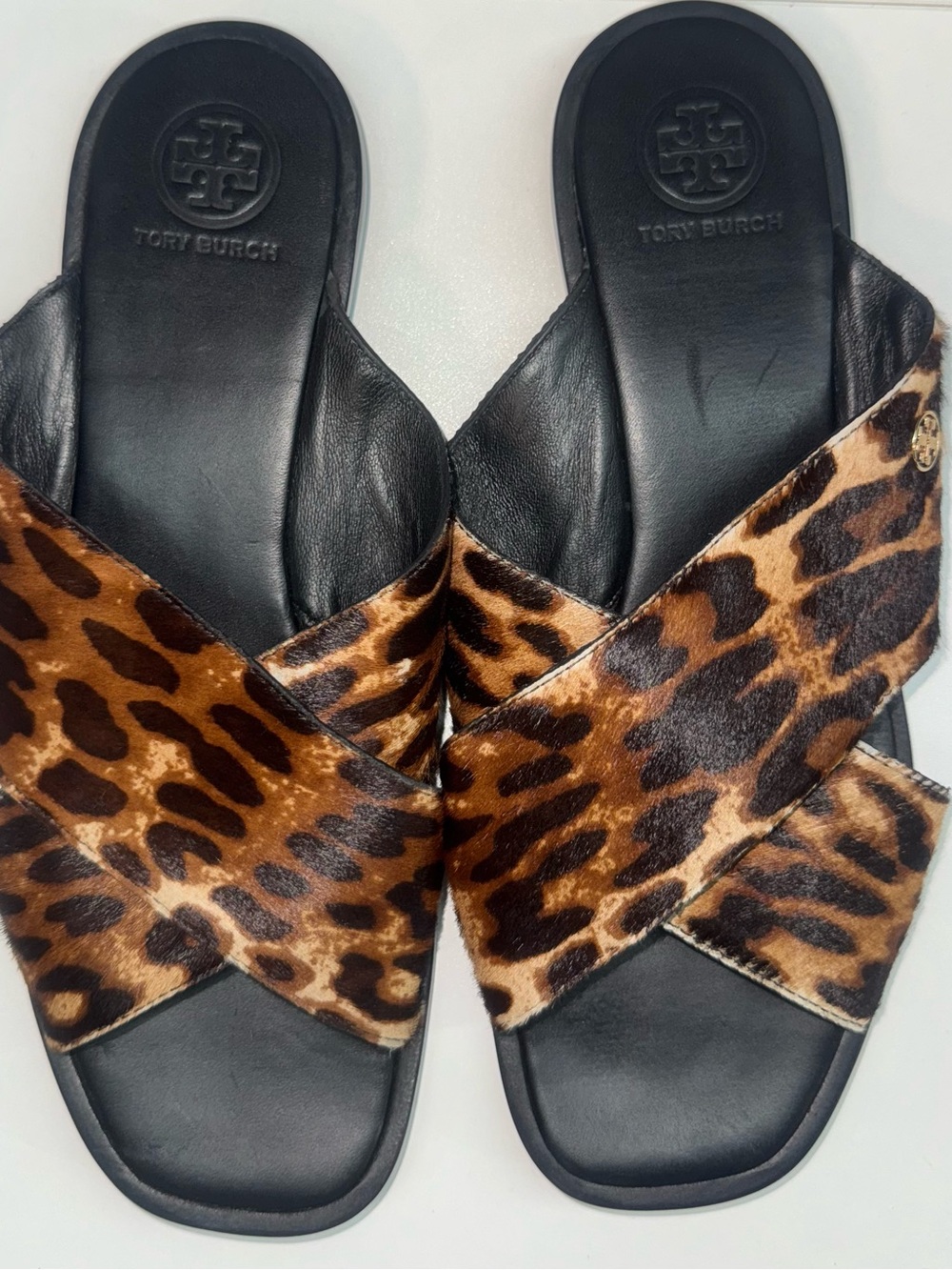 Tory Burch Gemma Leopard Print Leather Calfhair Slide Sandals